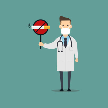 A cartoon of a male doctor holding no smoking board