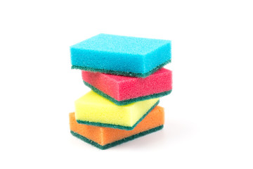 Colored sponges for washing dishes and other domestic needs, isoleted on white background
