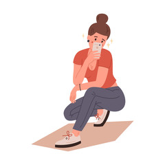 Stylish girl taking a selfie on a smartphone. Mirror view. Isolated over white background. Hand drawn colored trendy vector illustration. Fashion, social media concept