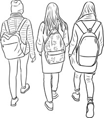 Outline drawing of students girls walking outdoors