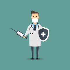 A cartoon of a male doctor holding a shield and syringe