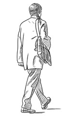 Sketch of casual townsman walking along street