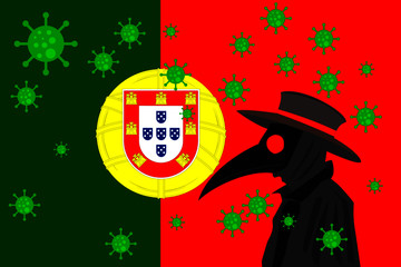 Black plague doctor surrounded by viruses with copy space with PORTUGAL flag.