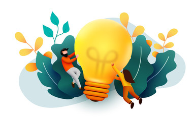 3d Business People with Big Light Bulb Idea. Innovation, Brainstorming, Creativity Concept. Characters Working Together on new Project.