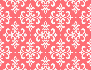 Wallpaper in the style of Baroque. Seamless vector background. White and pink floral ornament. Graphic pattern for fabric, wallpaper, packaging. Ornate Damask flower ornament