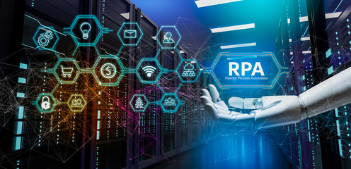 RPA (Robotic Process Automation system),Artificial intelligence , Robot finger,robo advisor ,Big data and business concept.Robot finger on blurred background using digital RPA interface.