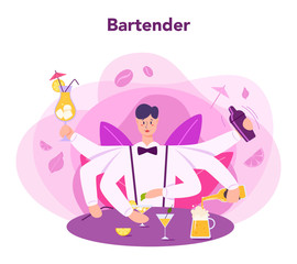Barman preparing alcoholic drinks with shaker at bar. Bartender