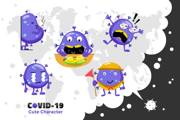 Covid-19 Coronavirus inspiration design. Cute vector character of Coronavirus in the world. Cry, shocked and eating