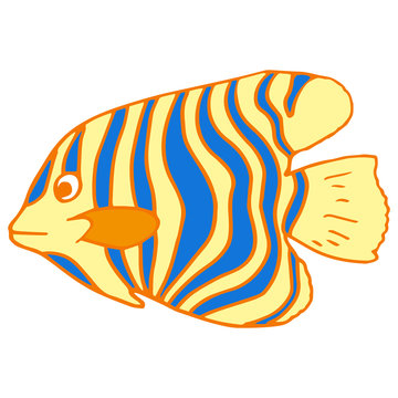 recommend clip art: Yellow fish on white isolated backdrop. Coral reef fish for invitation and gift card, tattoo parlor or pet shop logo, bath tile. Phone case or cloth print art. Doodle style stock vector illustration