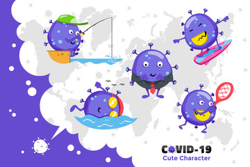 Naklejka premium Covid-19 Coronavirus inspiration design. Cute vector character of Coronavirus in the world. Fishing, swimming and surfing pose