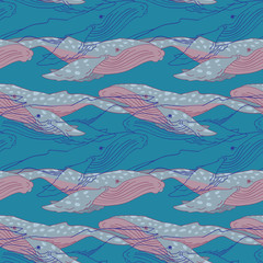 Humpback whale on blue backdrop. Ocean mammal seamless pattern for wallpaper, wrap paper, sleeper, bath tile, apparel or bed linen. Phone case or cloth print. Doodle style stock vector illustration