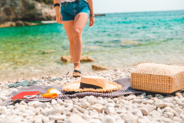 sea stuff at blanket at rocky beach