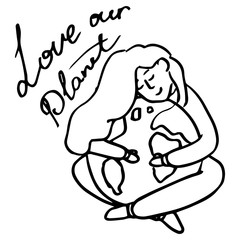 Love our planet text on white isolated backdrop. Outline girl hugs Earth for invitation or gift card, social banner, eco blog, flyer. Phone case or cloth print. Doodle style stock vector illustration