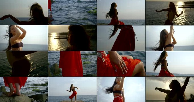 sensual woman is dancing alone on sea beach in summer, collage