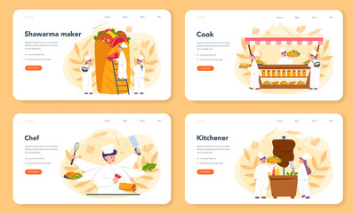 Shawarma street food web banner or landing page set. Chef cooking