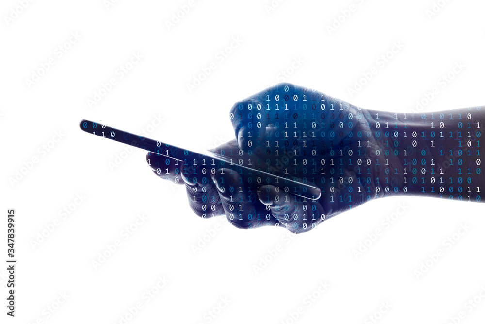 Poster Silhouette of a hand using a smartphone with binary code background
