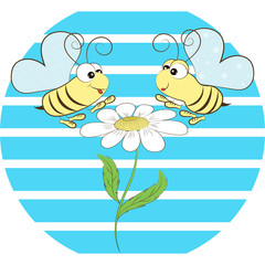 Two yellow bees with blue heart-shaped wings fly over a white flower. Bees' toilers collect nectar from chamomile. Vector illustration on blue striped background for placement on fabric, glass, paper.