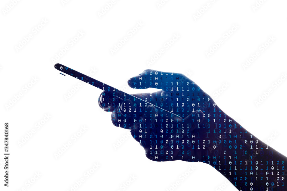Poster Silhouette of a hand using a smartphone with binary code background