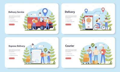 Delivery service web banner or landing page set. Courier in uniform