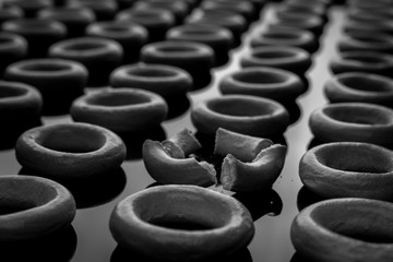 Obraz premium Russian bagels lie on the table in rows. Black and white photo.