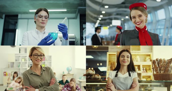 Multiscreen on Caucasian pretty women of different professions. Female lab assistant with sample for test. Happy stewardess before flight. Beautiful teacher in class. Saleswoman working in bakery