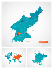 Editable template of map of North Korea with marks. North Korea on world map and on Asia map.