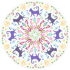 Mandala with cats silhouettes walking through abstract garden.