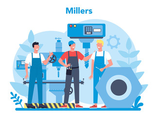 Miller and milling concept illustration. Engineer drilling meta