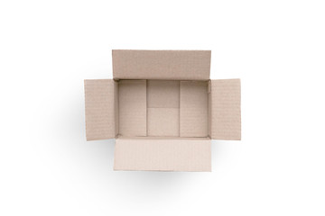 Open cardboard box isolated on white background. Top view of brown box for shopping online idea.