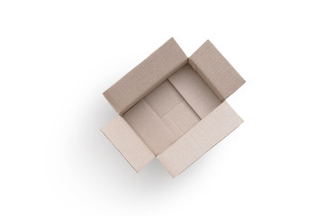 Open cardboard box isolated on white background. Top view of brown box for shopping online idea.
