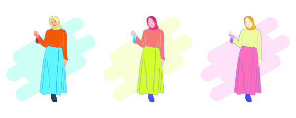 set of 3 hijab women illustration different color