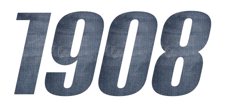 1908 with jeans fabric texture on white background.