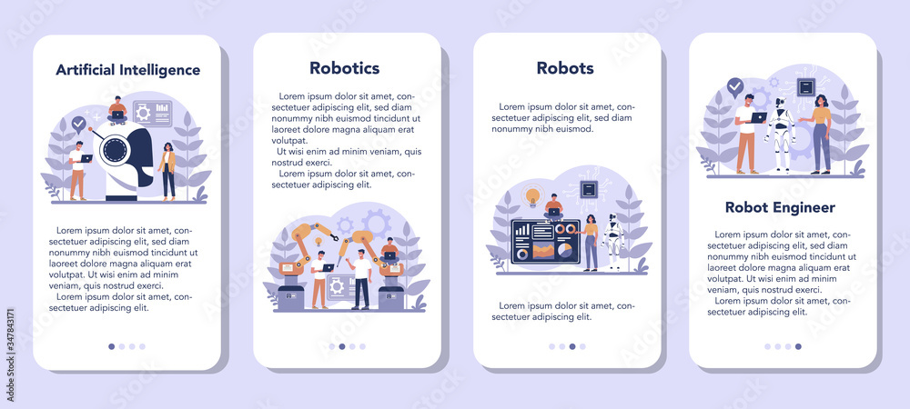 Poster robotics mobile application banner set. robot engineering