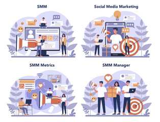 Fototapeta na wymiar SMM social media marketing concept set. Advertising of business