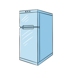 Vector blue closed refrigerator in isometric view. Kitchen item, appliance, appliances. The illustration on the theme of food and cooking, storage, freezing isolated on a white background.