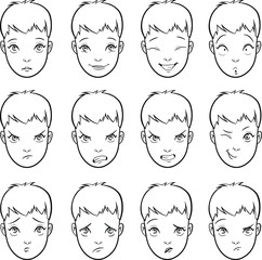 Drawing set of cartoon faces with various emotions moods and expressions black and white. Child with different mood. Vector clipart face Isolated on white background