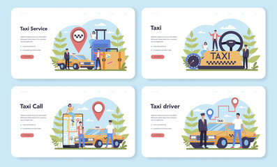 Taxi service web banner or landing page set. Yellow taxi car.