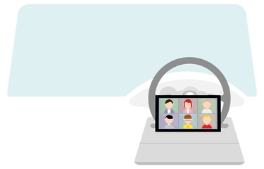 車でテレワークする人のオンラインミーティングのイメージイラスト