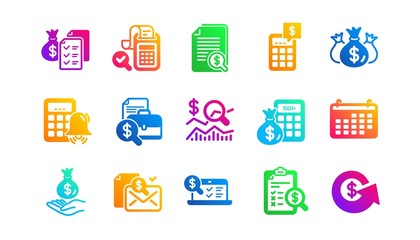 Report, Calculator and Checklist. Accounting icons. Money classic icon set. Gradient patterns. Quality signs set. Vector