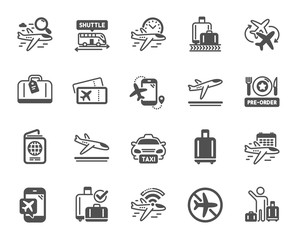 Airport icons. Boarding pass, Baggage claim, Arrival and Departure. Connecting flight, tickets, pre-order food icons. Passport control, airport baggage carousel, inflight wifi. Vector
