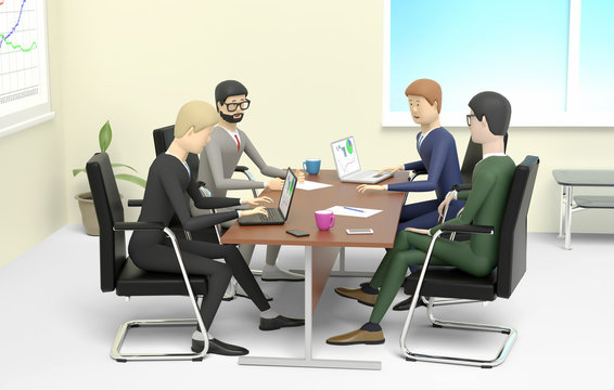 Businessmen gathered for brainstorm and consultation in the office. 3D illustration