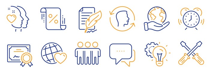 Set of Business icons, such as Message, Face id. Certificate, save planet. Time management, Screwdriverl, Heart. Friends world, Idea gear, Loan percent. Vector