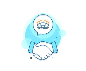 Sport complex sign. Handshake deal complex icon. Arena stadium line icon. Championship building symbol. Agreement shaking hands banner. Arena stadium sign. Vector