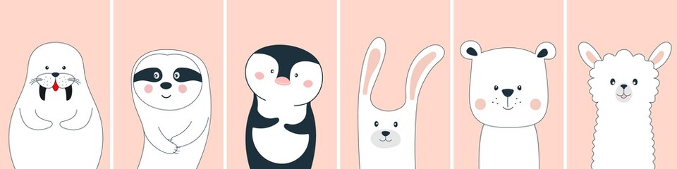Cute funny cartoon animals characters walrus, sloth, penguin, bear, llama and rabbit.
