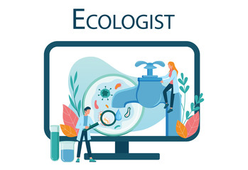 Ecologist online resource on web device. Set of scientist taking care