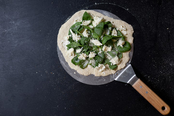 selbstgemachte vegetarische Pizza, Mascarpone, Babyspinat, Mozzarella, Parmesan, Studio