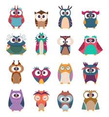 Fotobehang Owl kids. Cute baby birds in various poses vector colored funny wild animals cartoon collection. Illustration owl and owlet cartoon, fun birds © ONYXprj