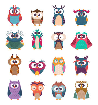 Owl kids. Cute baby birds in various poses vector colored funny wild animals cartoon collection. Illustration owl and owlet cartoon, fun birds