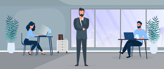 Obraz premium A team of people works in the office. The girl at the computer, the guy at the laptop. The boss in a business suit. Office. Vector.