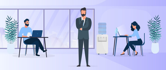 A team of people works in the office. The girl at the computer, the guy at the laptop. The boss in a business suit. Office. Vector.